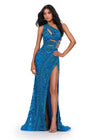 Front. ASHLEYlauren 11489 Peacock Fully Beaded One Shoulder Gown with Asymmetric Cut Outs, Intricate Beaded Design, and Left Leg Slit