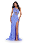 Front. ASHLEYlauren 11489 Periwinkle Fully Beaded One Shoulder Gown with Asymmetric Cut Outs, Intricate Beaded Design, and Left Leg Slit