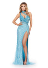 Front. ASHLEYlauren 11492 Sky Fully Beaded One Shoulder Gown with Asymmetrical Bustier, Feather Accents, and Wrap Skirt