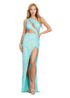Front. ASHLEYlauren 11496 Aqua One Shoulder Fully Beaded Gown with Asymmetrical Cut Outs, Wrap Skirt, and Left Leg Slit