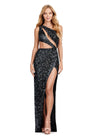 Front. ASHLEYlauren 11496 Black One Shoulder Fully Beaded Gown with Asymmetrical Cut Outs, Wrap Skirt, and Left Leg Slit