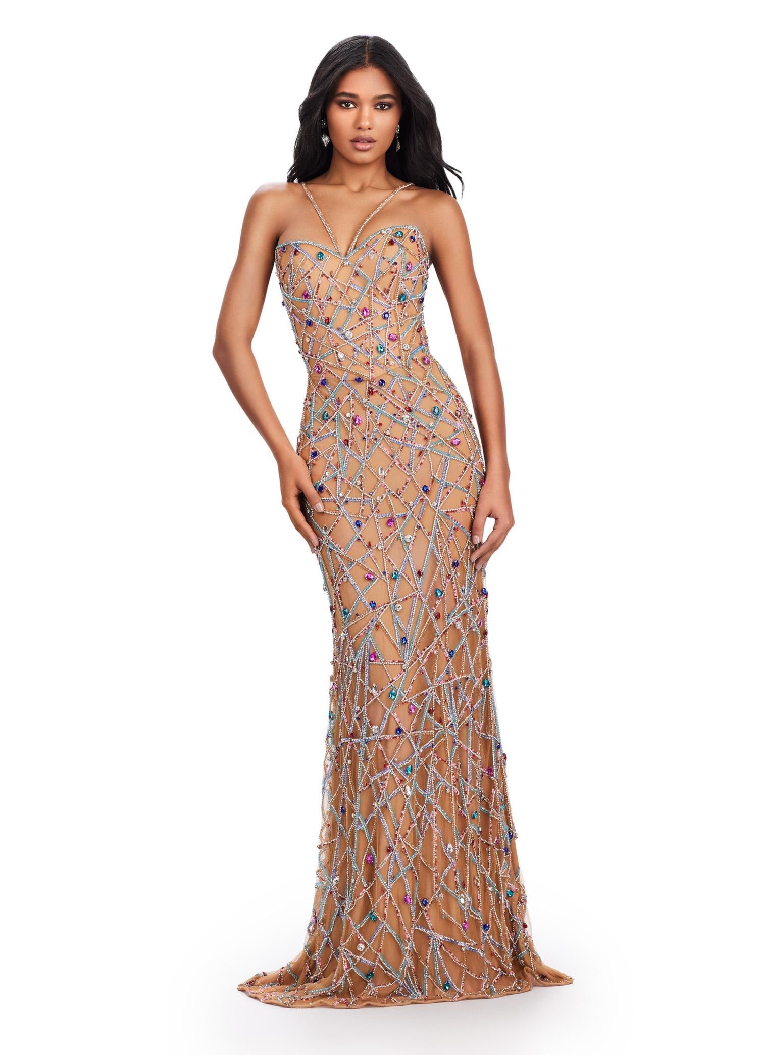 Front. ASHLEYlauren 11512 Fully Beaded Multi-Colored Nude Gown with Sweetheart Neckline, Spaghetti Straps, and Corset Bustier