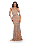 Front. ASHLEYlauren 11512 Fully Beaded Multi-Colored Nude Gown with Sweetheart Neckline, Spaghetti Straps, and Corset Bustier