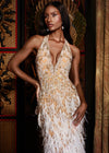 Front. ASHLEYlauren 11514 Gold Fully Beaded Halter Gown with V Neckline, Open Back Design, Trickle Down Fringe, and Feather Details