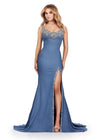 Front. ASHLEYlauren 11515 Denim V-Neckline Gown with Sweetheart Neckline, Beaded Bodice, Crystal Accents, and Left Leg Slit