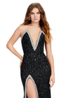 Front. ASHLEYlauren 11521 Black Fully Beaded Strapless Gown with Illusion V-Neckline, Deep V Front, and Left Leg Slit