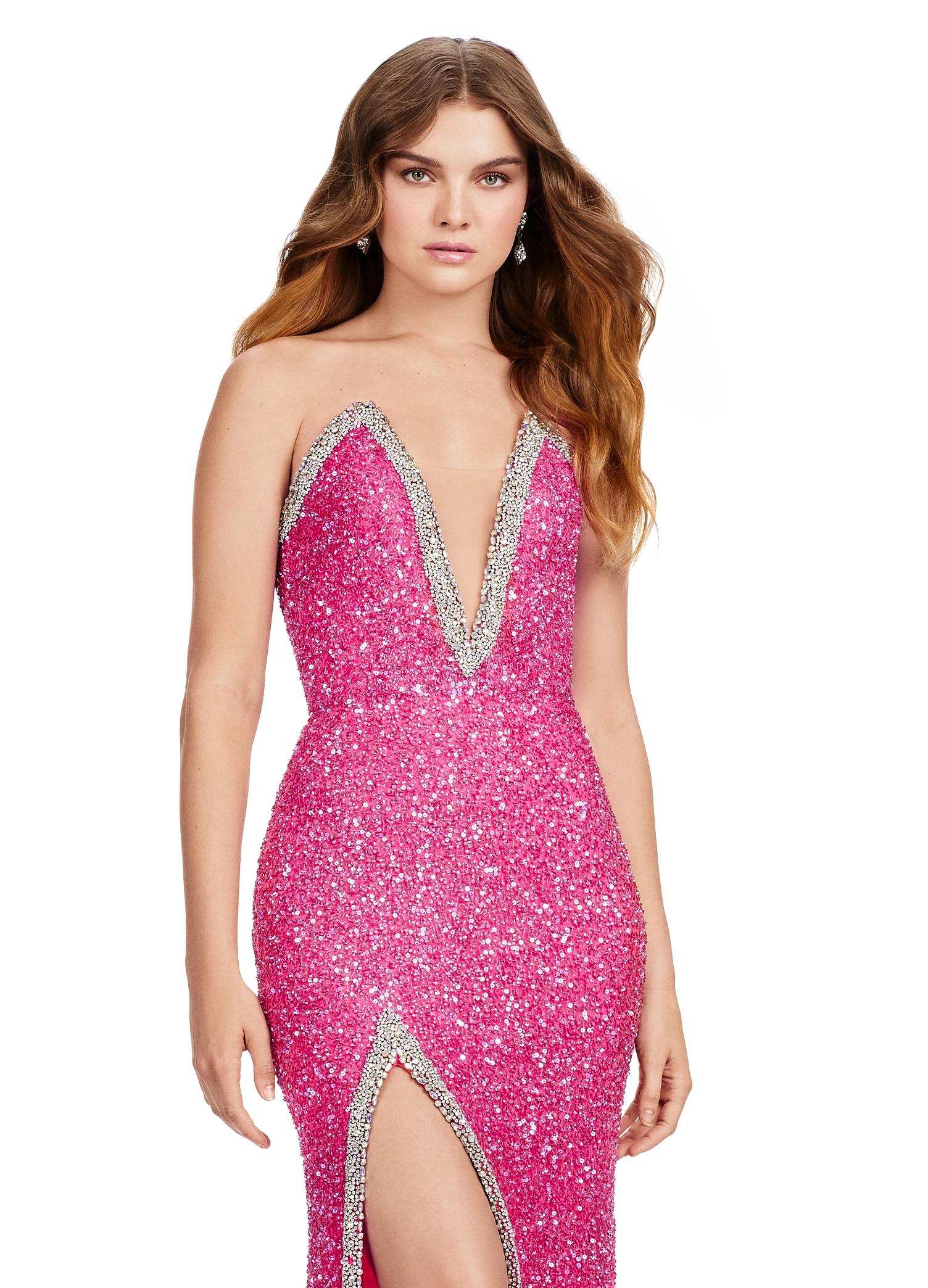 Front. ASHLEYlauren 11521 Hot Pink Fully Beaded Strapless Gown with Illusion V-Neckline, Deep V Front, and Left Leg Slit