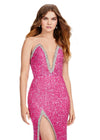 Front. ASHLEYlauren 11521 Hot Pink Fully Beaded Strapless Gown with Illusion V-Neckline, Deep V Front, and Left Leg Slit