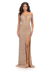 Front. ASHLEYlauren 11765 Silver Off Shoulder Fully Hand Beaded Gown with Deep V-Neckline, Crystal Embellishments, and Left Leg Slit