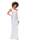Front. Ab/Ivory ASHLEYlauren 11285 One Shoulder Sequin Gown with Adjustable Straps, Keyhole Back Cut Out, Fully Hand Beaded Design, and Left Leg Slit