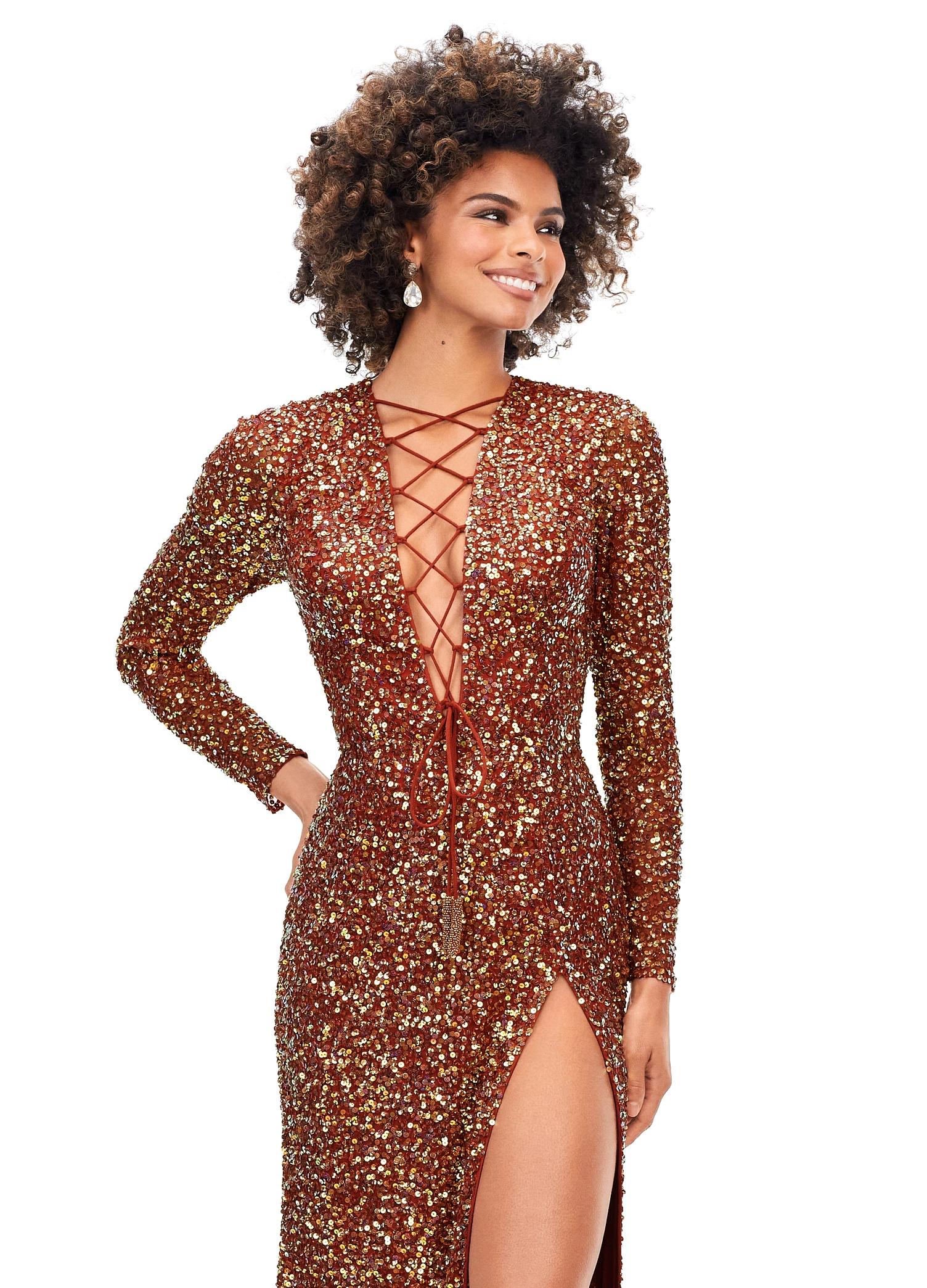 Front. Amber ASHLEYlauren 11241 Fully Sequin Fitted Gown with Lace-Up Bustier, Long Sleeves, and Left Leg Slit
