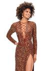 Front. Amber ASHLEYlauren 11241 Fully Sequin Fitted Gown with Lace-Up Bustier, Long Sleeves, and Left Leg Slit