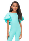 Front. Aqua. ASHLEYlauren Kids 8156 versatile scuba jumpsuit featuring a classic crew neckline, playful ruffle sleeves, and flare bottom pants for a fun and stylish look.