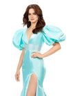 Front. Aqua ASHLEYlauren 11379 Shimmer Satin Fitted Gown with V-Neckline, Lace-Up Back, Oversized Puff Sleeves, and Scattered Heat Set Stone Waistband