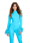 Front. Aqua ASHLEYlauren 11441 statement scuba jumpsuit featuring a high neckline, dramatic feather cuffs, and an open back for a bold and sophisticated look.