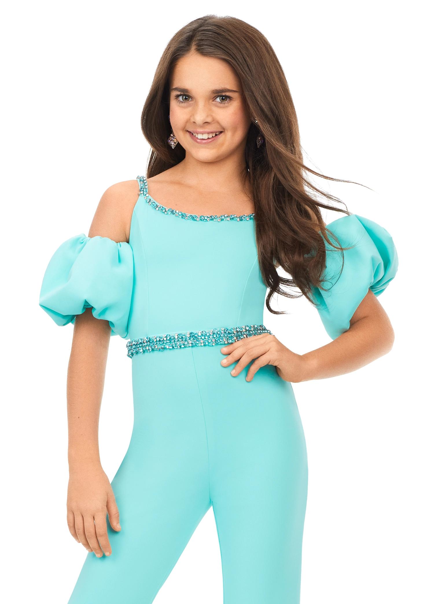 Front. Aqua ASHLEYlauren Kids 8164 stylish scuba jumpsuit featuring a crew neckline, off shoulder puff sleeves, beaded neckline and waistband for a perfect blend of classy and fabulous.