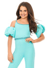 Front. Aqua ASHLEYlauren Kids 8164 stylish scuba jumpsuit featuring a crew neckline, off shoulder puff sleeves, beaded neckline and waistband for a perfect blend of classy and fabulous.
