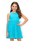 Front. Aqua ASHLEYlauren Kids 8176 fabulous feather cocktail dress featuring a crew neckline, open back, crystal-encrusted waistband, and a full feather skirt accented with scattered crystals for a glamorous and standout look.