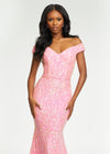 Front. Baby Pink ASHLEYlauren 11112 Off-Shoulder Stretch Sequin Gown with Sweetheart Neckline, High Back, and Horsehair Hem