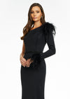 Front. Black ASHLEYlauren 11131 One-Shoulder Scuba Gown with Feather Details, Heat-Set Stones, Crystal Belt, and Elegant Train