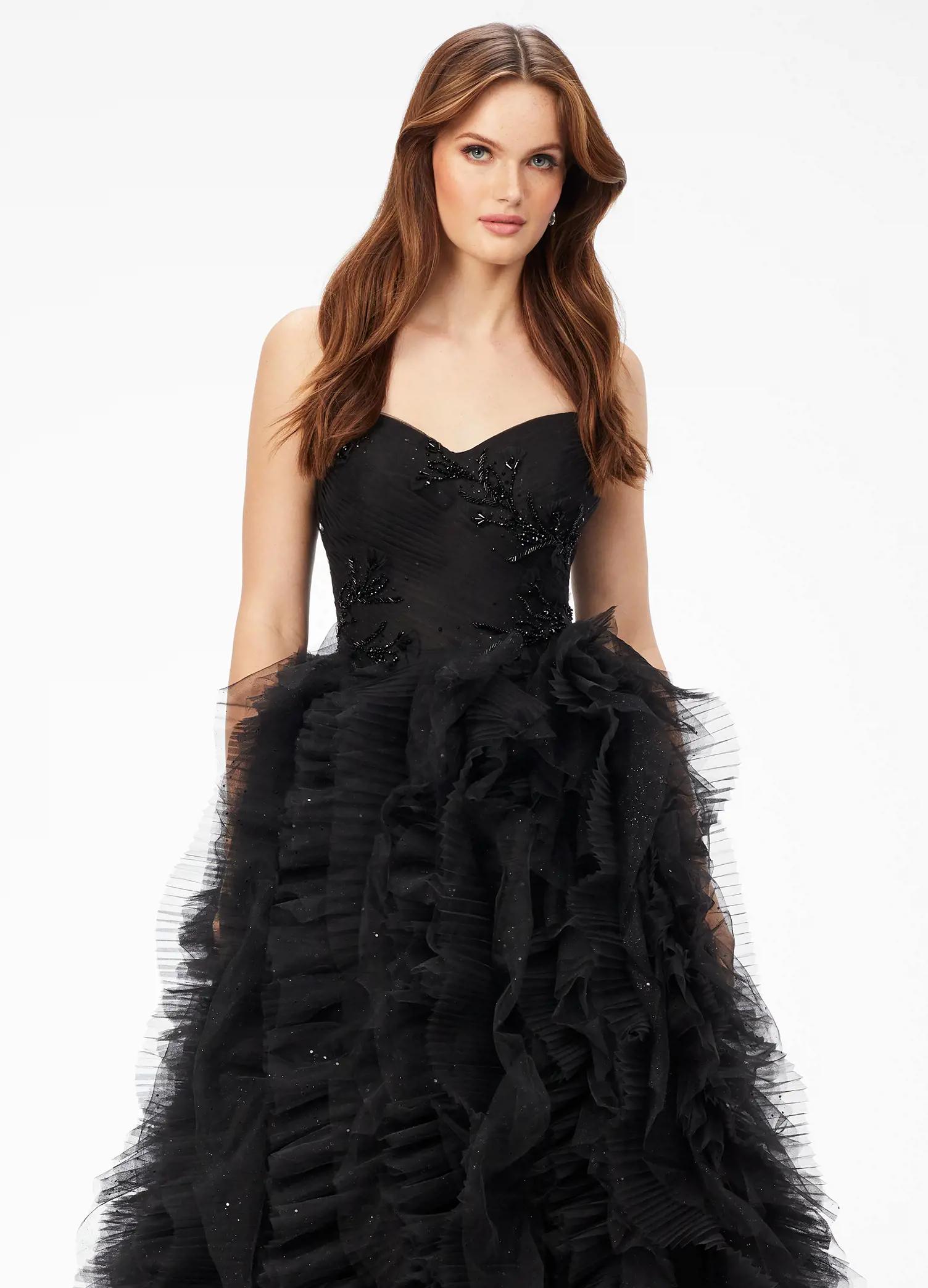 Front. Black ASHLEYlauren 11141 Strapless Ball Gown with Sweetheart Neckline, Intricately Beaded Bustier, and Glitter Tulle Ruffle Skirt