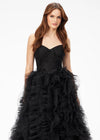 Front. Black ASHLEYlauren 11141 Strapless Ball Gown with Sweetheart Neckline, Intricately Beaded Bustier, and Glitter Tulle Ruffle Skirt