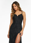 Front. Black ASHLEYlauren 11145 Lace Gown with Spaghetti Straps, Lace Applique, Heat Press Stones, Lace-Up Back, and Left Leg Slit