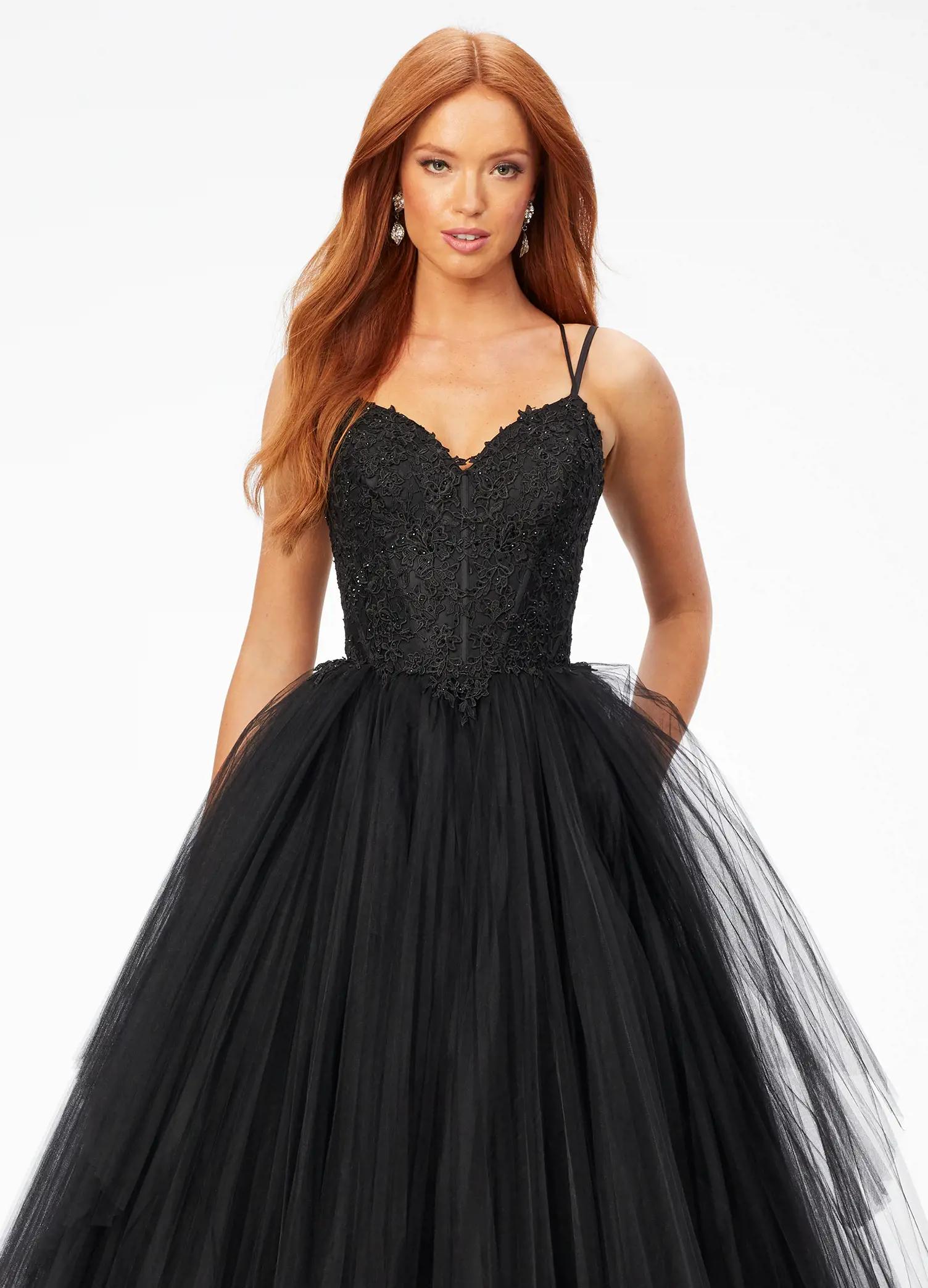 Front. Black ASHLEYlauren 11146 Pleated Tulle Ball Gown with Spaghetti Straps, Embroidered Lace Bustier, Heat Set Stones, and Lace-Up Back
