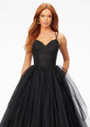Front. Black ASHLEYlauren 11146 Pleated Tulle Ball Gown with Spaghetti Straps, Embroidered Lace Bustier, Heat Set Stones, and Lace-Up Back