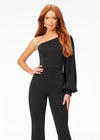 Front. Black ASHLEYlauren 11168 One-Shoulder Crepe Jumpsuit with Statement Balloon Sleeve, Flared Pant Legs, and Exposed Zipper