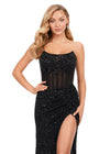 Front. Black ASHLEYlauren 11236 jaw-dropping strapless gown featuring a fitted silhouette, corset bustier with stunning crystal beadwork, a fully beaded wrap skirt, and a left leg slit for a glamorous red carpet-worthy look.