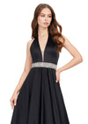 Front. Black ASHLEYlauren 11249 elegant satin gown featuring a halter neckline, open back, and a crystal beaded accent belt for a timeless and sophisticated statement look.