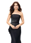 Front. Black ASHLEYlauren 11295 strapless jersey gown featuring a wrap bustier adorned with press-on stones, a knot detail at the waist, and a sweep train for a sleek and elegant silhouette.