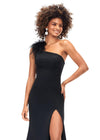 Front. Black ASHLEYlauren 1129 one shoulder scuba gown featuring feather-embellished neckline, heat set stones cascading down the skirt, and a left leg slit for a bold and elegant look.