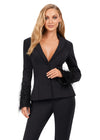 Front. Black ASHLEYlauren 11315 two-piece scuba suit featuring a V-neckline, dramatic sleeve details adorned with feathers and crystals, and flared pants for a bold and sophisticated look.