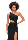 Front. Black ASHLEYlauren 11337 One Shoulder Fitted Jersey Gown Embellished with Heat Set Stones, Asymmetrical Shark Bite Cut Out, and Left Leg Slit