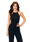 Front. Black ASHLEYlauren 11339 unique halter-style jumpsuit featuring an intricately hand-beaded bodice, open back, and flowing wide-leg pants for a bold and sophisticated statement look.