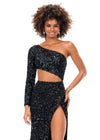 Front. Black ASHLEYlauren 11340 sequin one shoulder gown featuring a single sleeve, shark bite cut-out, wrap skirt, and left leg slit for a striking and glamorous look.