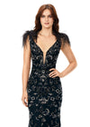 Front. Black ASHLEYlauren 11349 beaded gown featuring a V-neckline, feather shoulder details, V-back, and a sweep train for an elegant and dramatic look.
