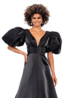 Front. Black ASHLEYlauren 11378 Elegant Shimmer Satin A-Line Gown with V-Neckline, V-Back, Oversized Puff Sleeves, and Heat Set Detailed Waistband