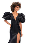 Front. Black ASHLEYlauren 11379 Shimmer Satin Fitted Gown with V-Neckline, Lace-Up Back, Oversized Puff Sleeves, and Scattered Heat Set Stone Waistband