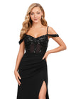 Front. Black ASHLEYlauren 11391 standout evening gown featuring a sweetheart neckline, off shoulder straps, beaded corset details, and a sleek jersey skirt for an elegant and sophisticated look.
