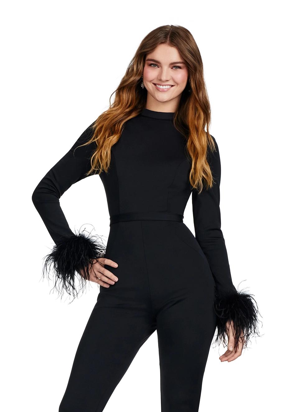 Front. Black ASHLEYlauren 11441 statement scuba jumpsuit featuring a high neckline, dramatic feather cuffs, and an open back for a bold and sophisticated look.