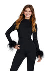 Front. Black ASHLEYlauren 11441 statement scuba jumpsuit featuring a high neckline, dramatic feather cuffs, and an open back for a bold and sophisticated look.