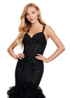 Front. Black ASHLEYlauren 11475 mermaid gown with exposed corset bodice, lace detailing, and dramatic ruffled tulle trumpet skirt