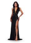 Front. Black ASHLEYlauren 11547 Plunging V-Neckline Fully Liquid Beaded Gown with Open Back and High Left Leg Slit