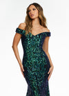 Front. Black/Emerald ASHLEYlauren 11112 Off-Shoulder Stretch Sequin Gown with Sweetheart Neckline, High Back, and Horsehair Hem