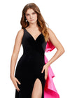 Front. Black/Hot Pink ASHLEYlauren 11527 Velvet Gown with V-Neckline, Open Back, Satin Bow Detail, and Fitted Skirt with Sweep Train