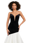 Front. Black/Ivory ASHLEYlauren 11264 show-stopping mermaid gown featuring a deep V-neckline, luxurious velvet bustier, asymmetrical satin flare skirt, and a sweep train for a bold and glamorous statement look.