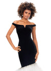 Front. Black/Ivory ASHLEYlauren 11312 off shoulder velvet gown featuring a princess-seamed bodice, asymmetric organza ruffle fit and flare skirt, cascading crystal accents, and a sweep train for a dramatic and elegant look.